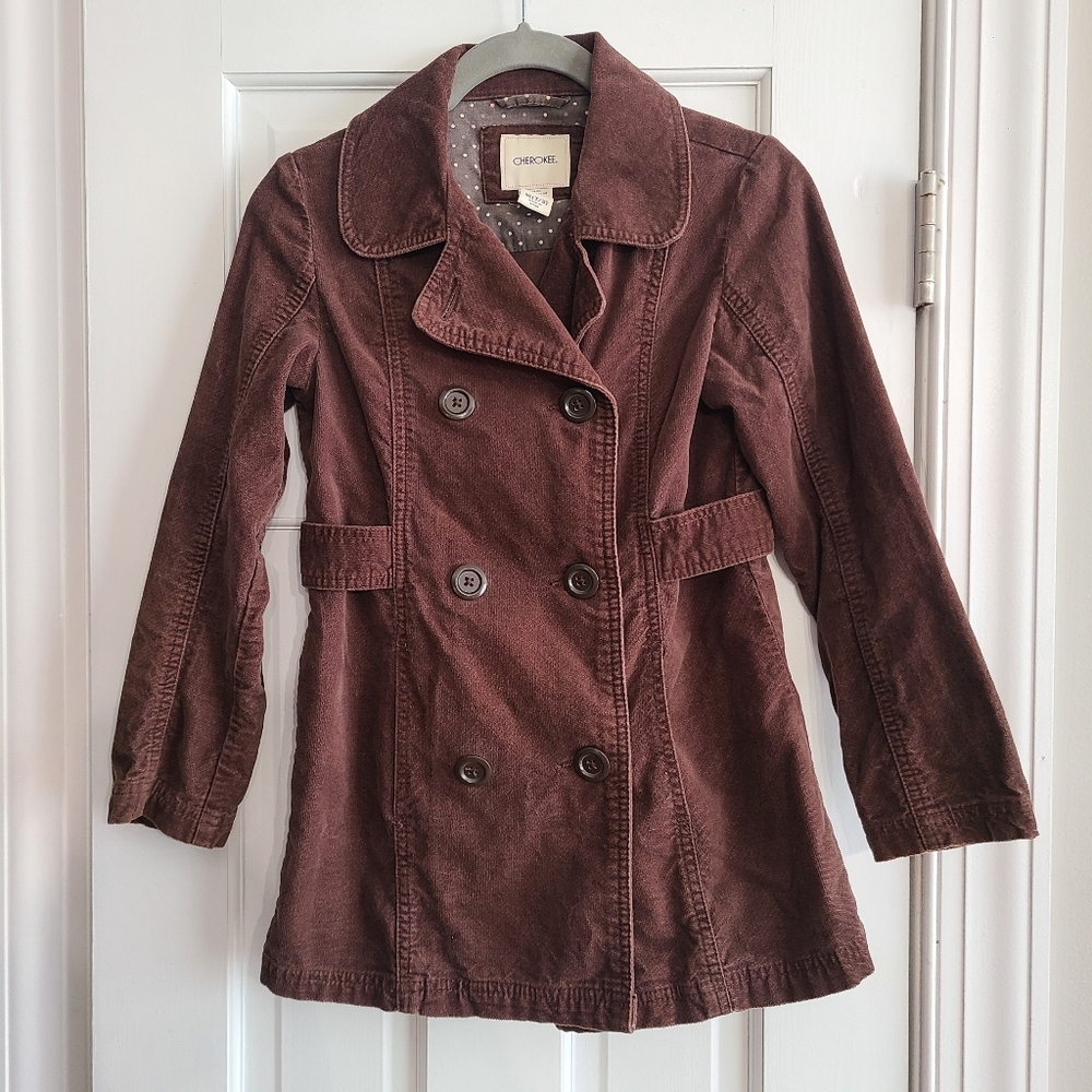 🧥 Cherokee Girls Brown Corduroy Double Breasted Peacoat Jacket Size Medium 7/8